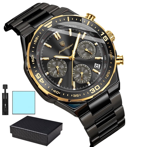 POEDAGAR Luxury Mens Stainless Steel Wrist Watch Luminous Chronograph Calendar Sport Waterproof Quartz Watch For Daily Wear