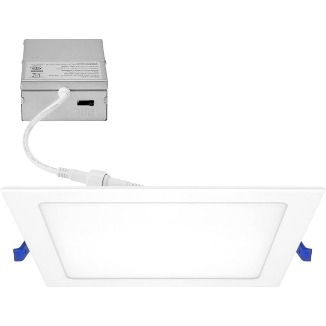 8 in. 5CCT Square Recessed LED Downlight, 1600 Lumens Slim Flat Panel Color Selectable 2700K/3000K/3500K/4000K/5000K, Dimmable, Canless IC Rated, White Trim, J-Box Included