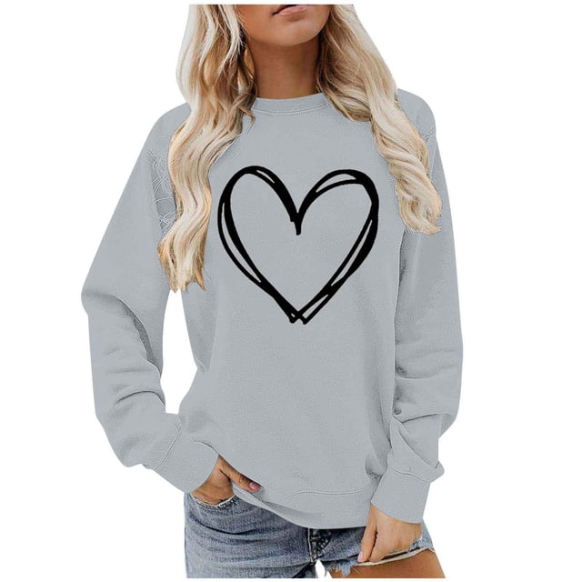 BLVB Chandail à Col Rond pour Femmes, Imprimé de Cœur, Manches Longues, Mignon, Coupe Ample, Léger, Hauts d'Automne, Cadeaux de la Saint-Valentin
