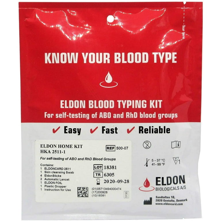 Eldoncard Blood Type Test (Complete Kit) - Air Sealed Envelope, Safety  Lancet, Micropipette, Cleansing Swab