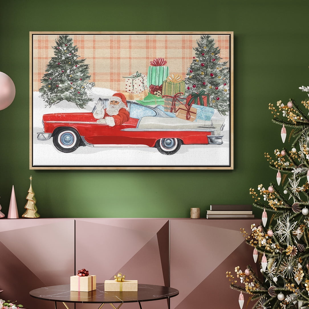 Santa on Wheels Collection A - Framed Gallery Wrapped Holiday Canvas - 17 x 25 - Natural Wood Frame