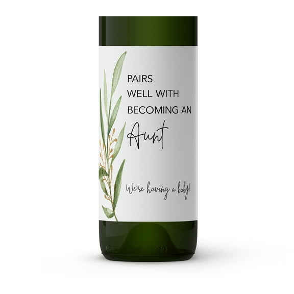 Pairs Well With Becoming an Aunt ● SET of 4 ● GENDER NEUTRAL Pregnancy Announcement Wine Labels, Baby Announcement Friends Sisters Label Pregnancy Reveal, Alternative Card Onesie (Greenery)