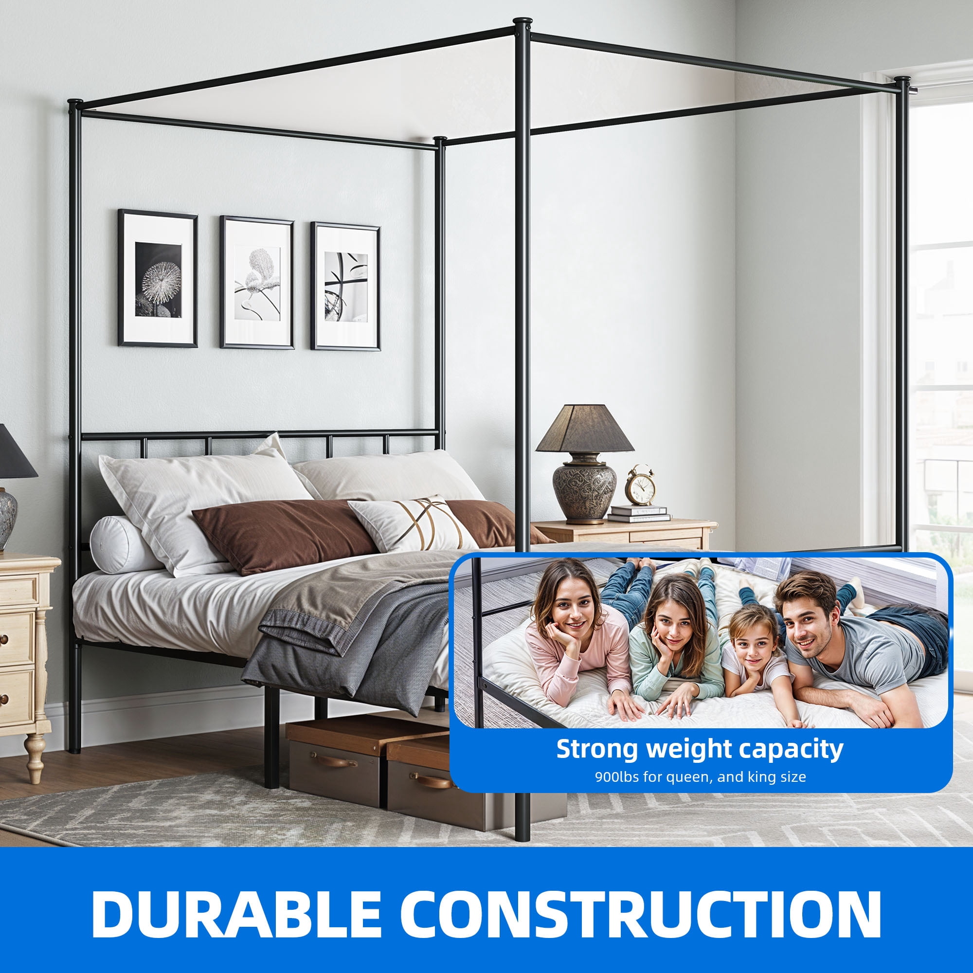 Uforic 4-Poster Queen Metal Canopy Bed Frame,Requires No Box Spring (Black)