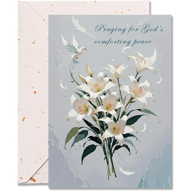 Religious Sympathy Cards with Envelope, 5x7 Inch Elegant White Lily Design \u2013 Christian Comfort Prayer Message Sympathy and Condolence - Single Card