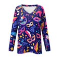 thumbnail image 5 of Mardi Gras Shirts for Women Sequins Feathers Print V Neck Tops Glitter Long Sleeve Holiday Graphic Tee Purple Pink 2XL, 5 of 6