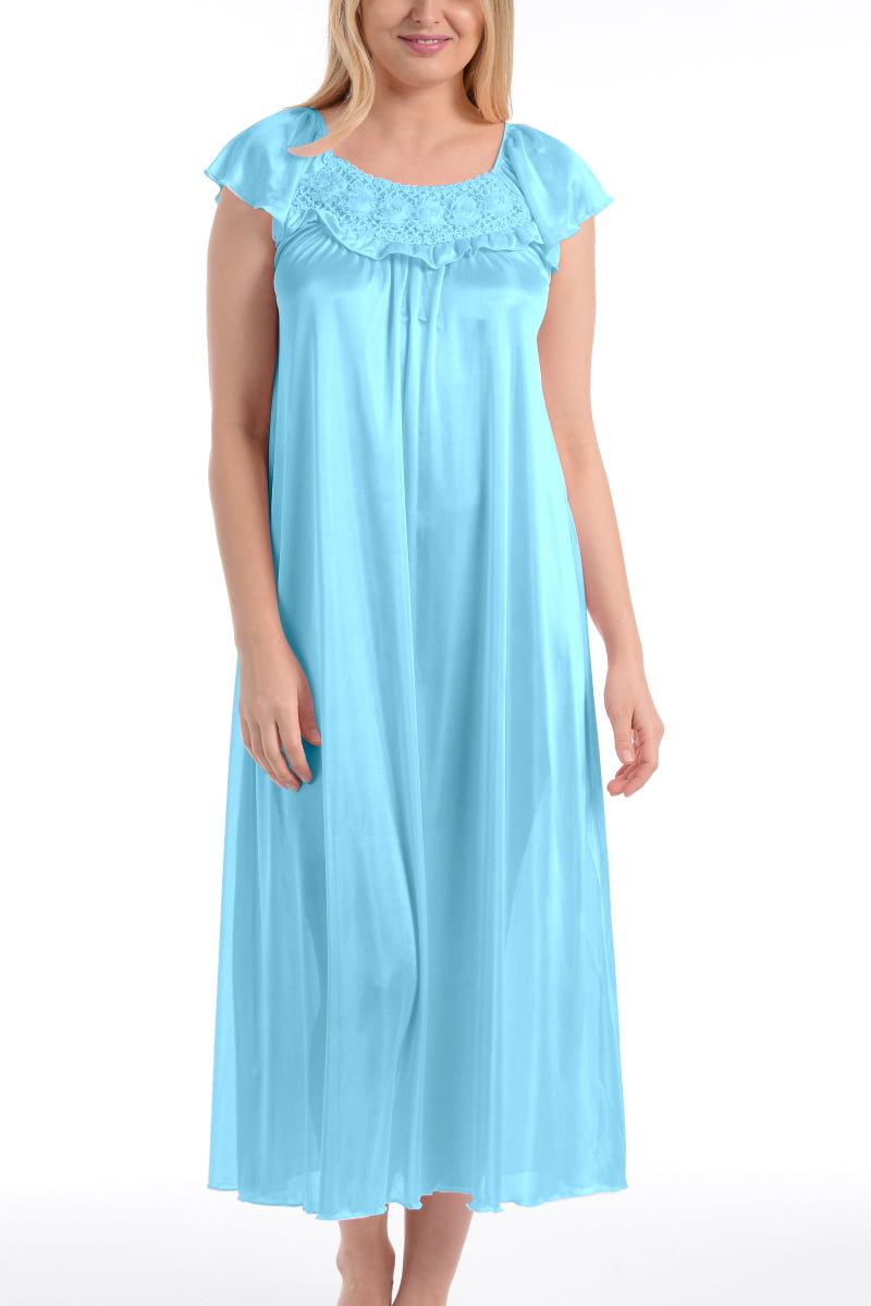 EZI - Women's Long Satin Silk Ruffle Sleeveless Nightgown By EZI ...