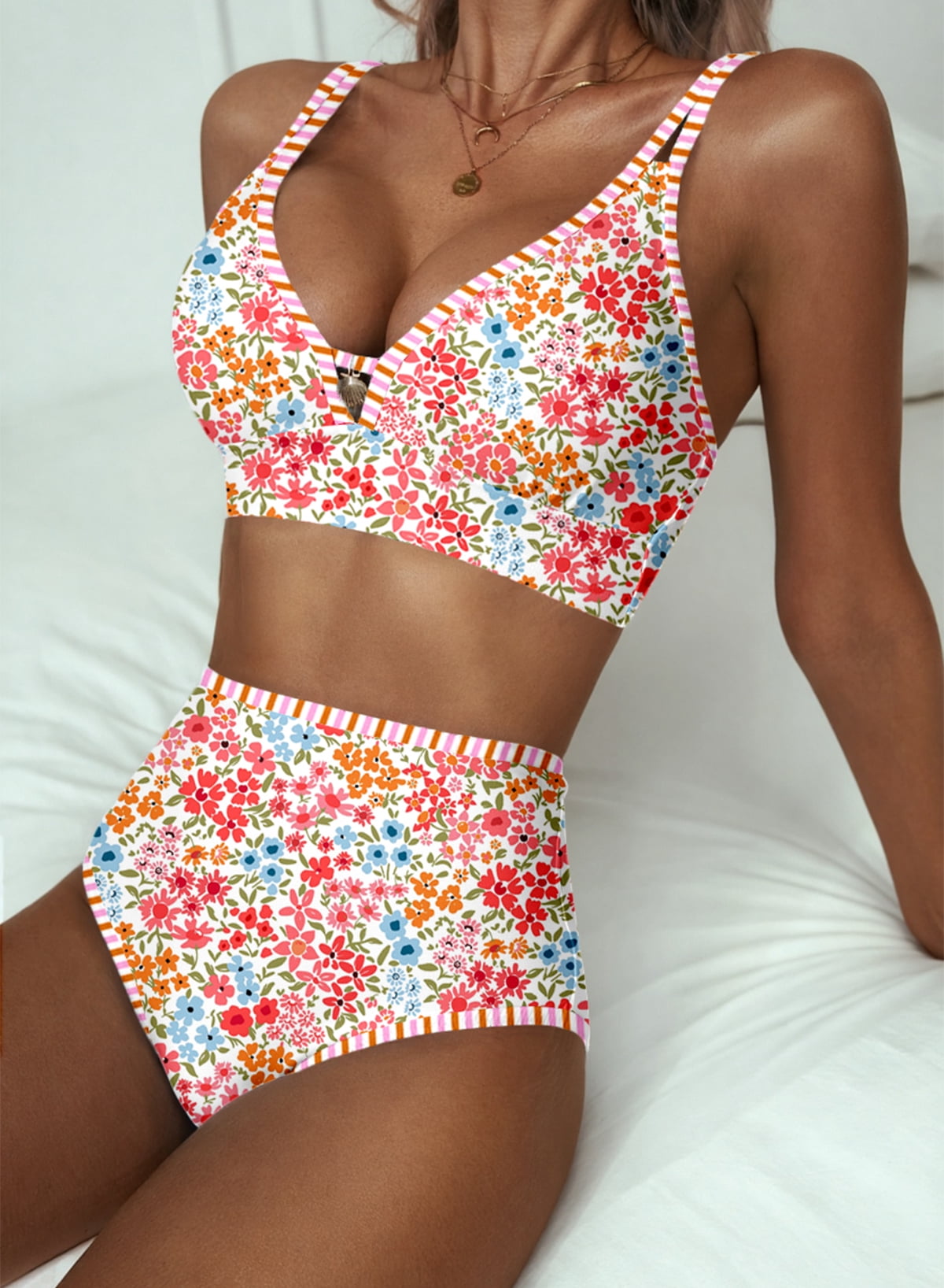 SHEWIN Womens Swimsuits Sets Bikinis Sets 2 Piece Tummy Control Bathing Suits High Waisted Swimwear Floral Swimming Suits Push Up Beach Vacation Outfits Mixed Floral L