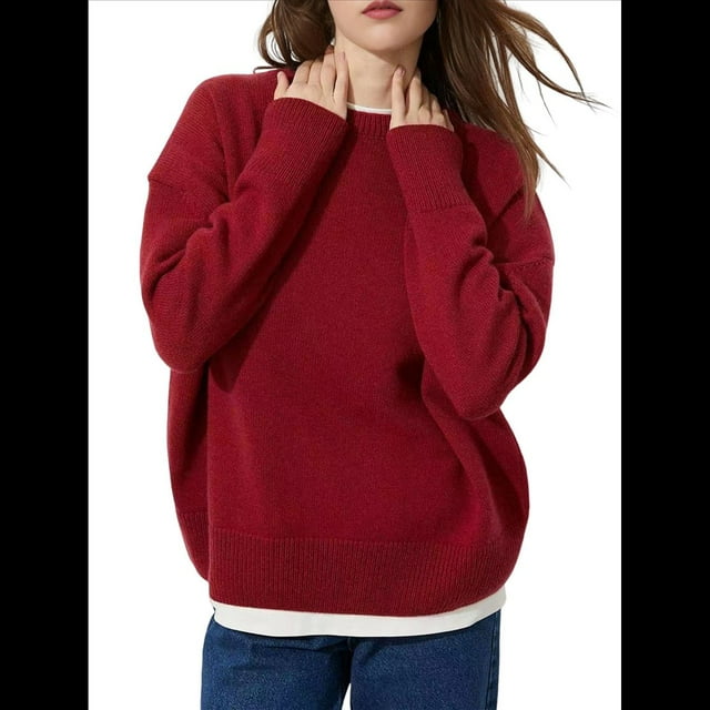 Suéteres Ligeros, Suaves y de Cuello Redondo para Mujer, Lisos, para Otoño e Invierno Vino Tinto L