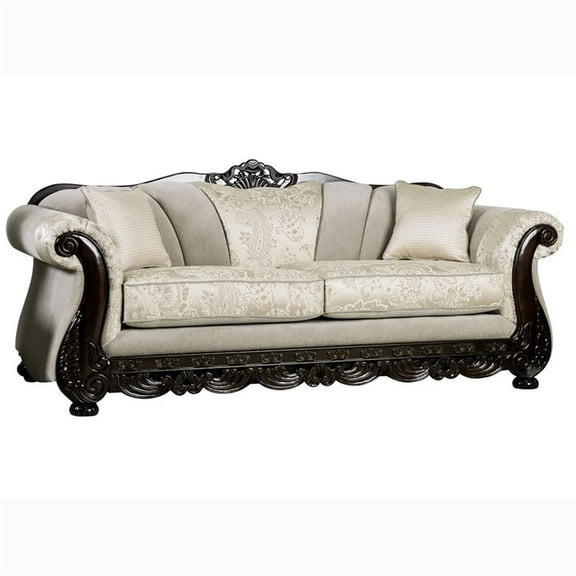 Furniture of America Faux Leather Eston Traditional Chenille Upholstered Sofa, Ivory