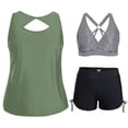 thumbnail image 2 of Women's 3 Piece Tankini Swimsuit Set, Solid Tank Top with Back Cutout, Bikini Top with Built-in Bra, and Drawstring Swim Shorts, Modest Bathing Suit, 2 of 6