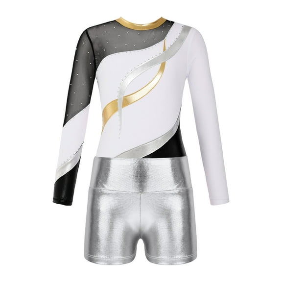 Miutii Girls Athletic Biketard 2 Piece Leotards with Shorts Set Long Sleeve Gymnastics Jumpsuit White&Silver 6
