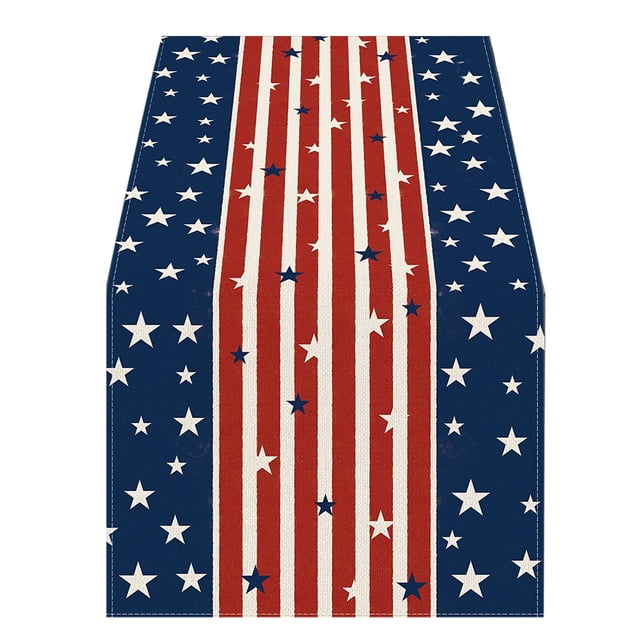 Patriotic Table Runner, Washable Holiday Table Decor for 4th of July, Memorial Day, Veterans Day, Kitchen and Dining Room, Polyester Stars and Stripes Pattern