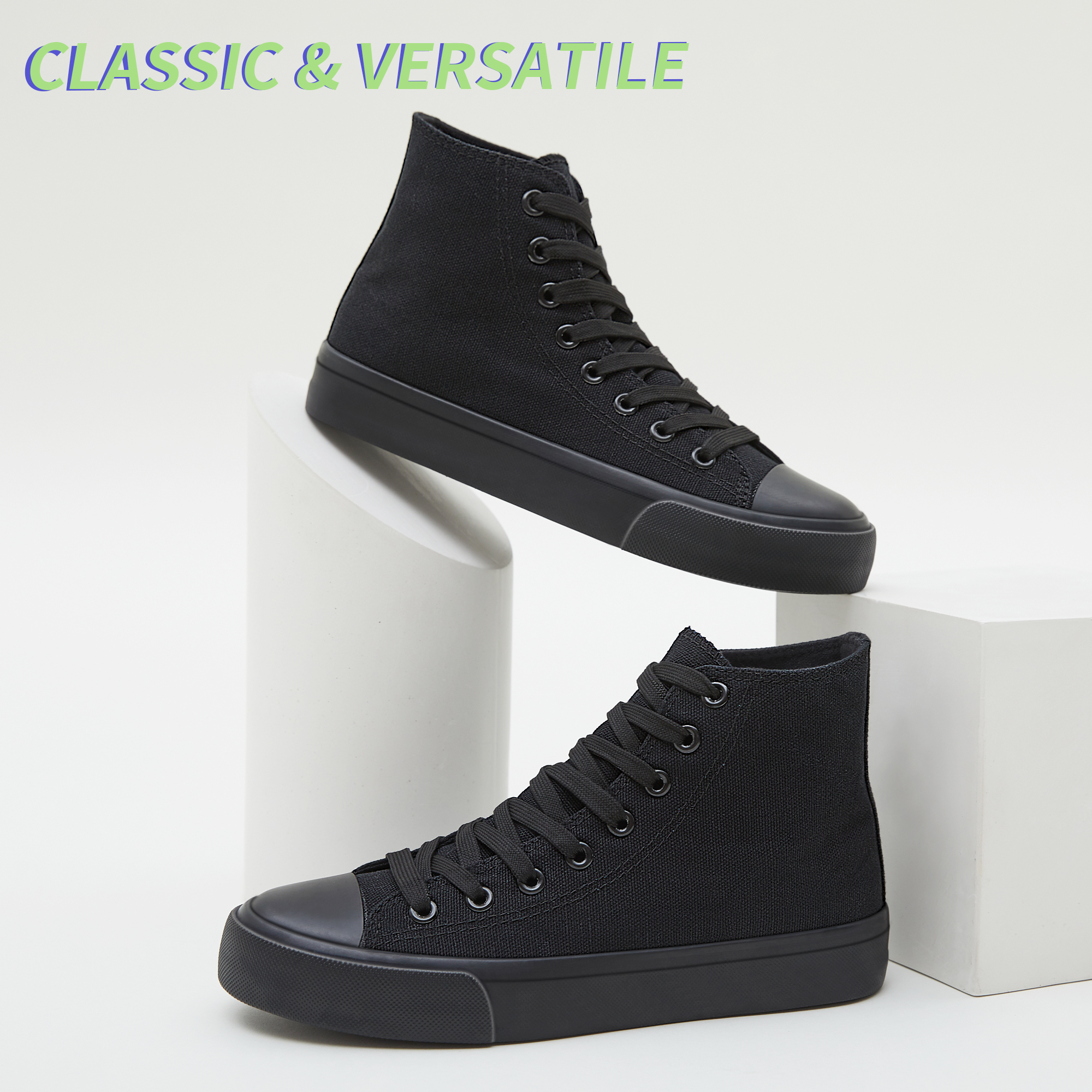 AOMAIS Womens High Top Canvas Sneakers Lace Up Mid Top Canvas Shoes Comfortable Non Slip Walking Shoes Casual Tennis Shoes for Women(ALL Black US7)