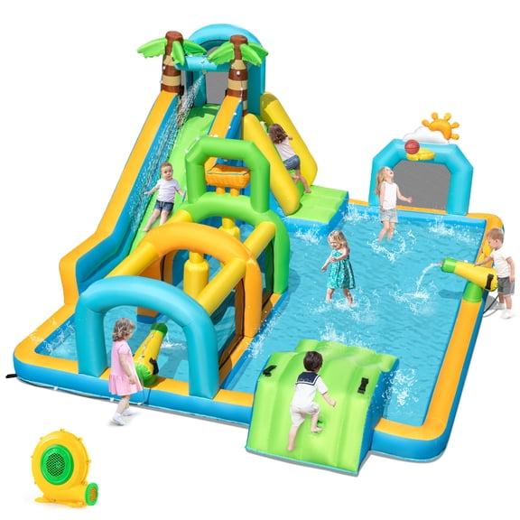 Gymax Inflatable Water Slide w/Splash Pool Climbing Wall Football Goal 680W Blower