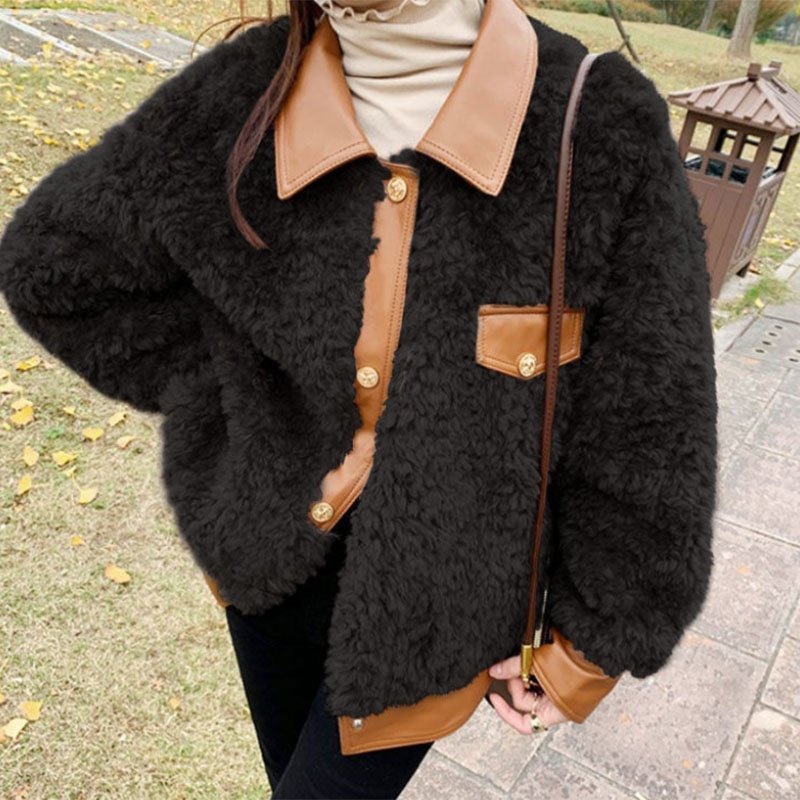 PIKADINGNIS Women Faux Fur Coat Korean Fashion Pu Leather Patchwork Lamb Wool Jackets Woman Winter Turndown Collar Warm Plush Coats - image 2 of 6