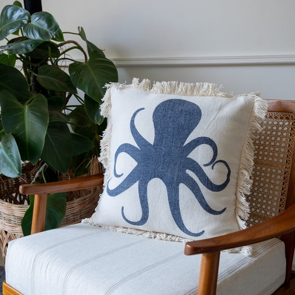 Laddha Home Designs Handwoven Octopus Cotton Throw Pillow Cover - 18" - White and Blue