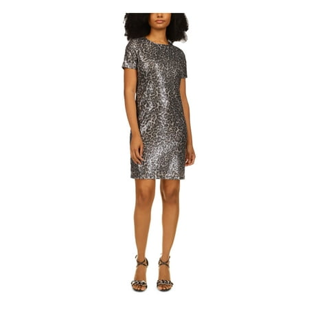 MICHAEL MICHAEL KORS Womens Gray Sequined Zippered Lined Animal Print Short Sleeve Crew Neck Short T-Shirt Dress PM