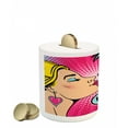 thumbnail image 2 of Kiss Me Piggy Bank, Young Couple Kissing Pop Art Style Vintage Drawing with Halftone Circles Backdrop, Ceramic Coin Bank Money Box for Cash Saving, 3.6" X 3.2", Multicolor, by Ambesonne, 2 of 4