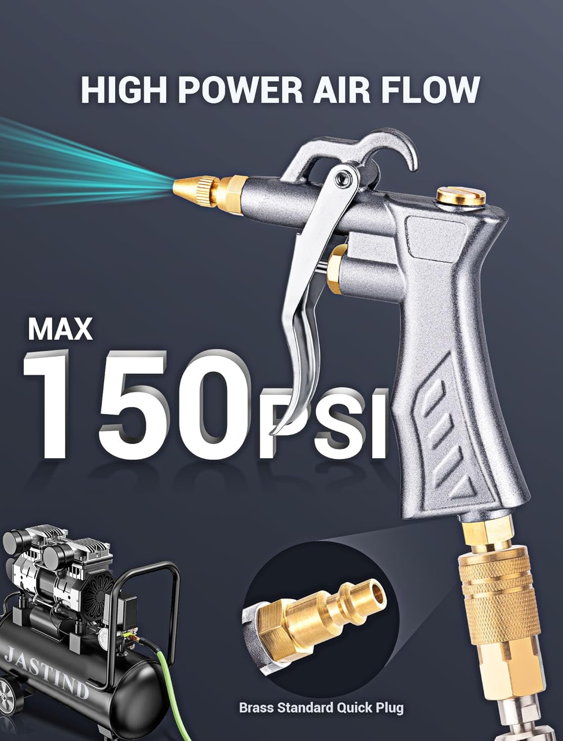 FANHAO Industrial Air Blow Gun with Brass Adjustable Air Flow Nozzle and 2 Steel Extension, Pneumatic Air Compressor Accessory Tool Dust Cleaning and Blower Gun