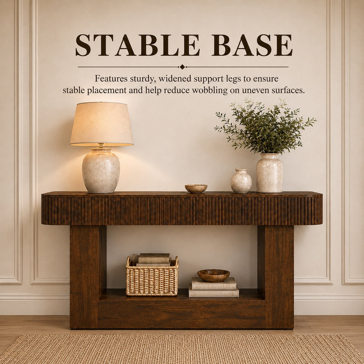 Aukfa 63" Fluted Console Table, Modern Farmhouse Entryway Table Narrow Sofa Table Behind Couch, Walnut