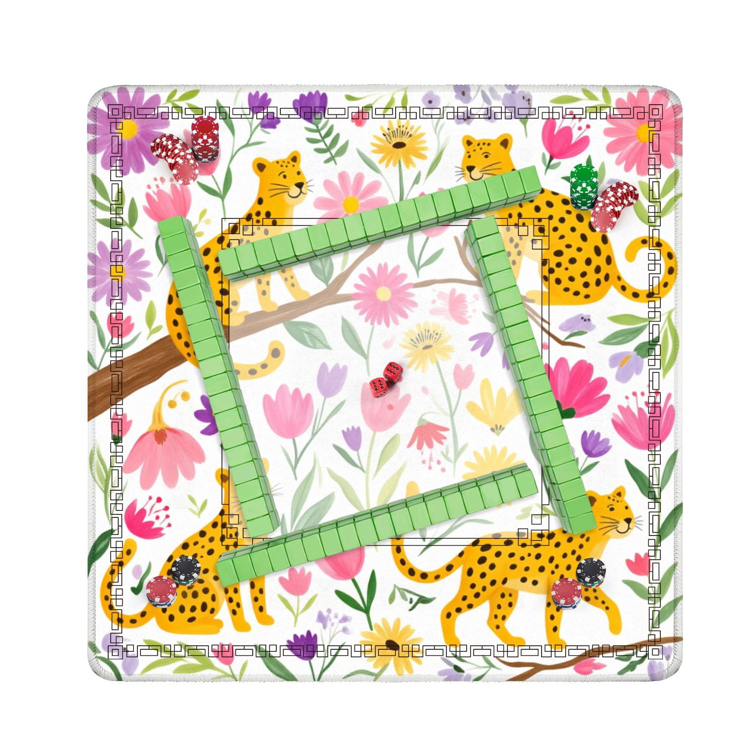 Mahjong Mat 31.5" x 31.5" Playful Leopards Among Colorful Flowers Vibrant Nature Non-Slip Noise Reduction American Mahjong Tiles Table Cover for Dominoes Poker Card Board Games Gift
