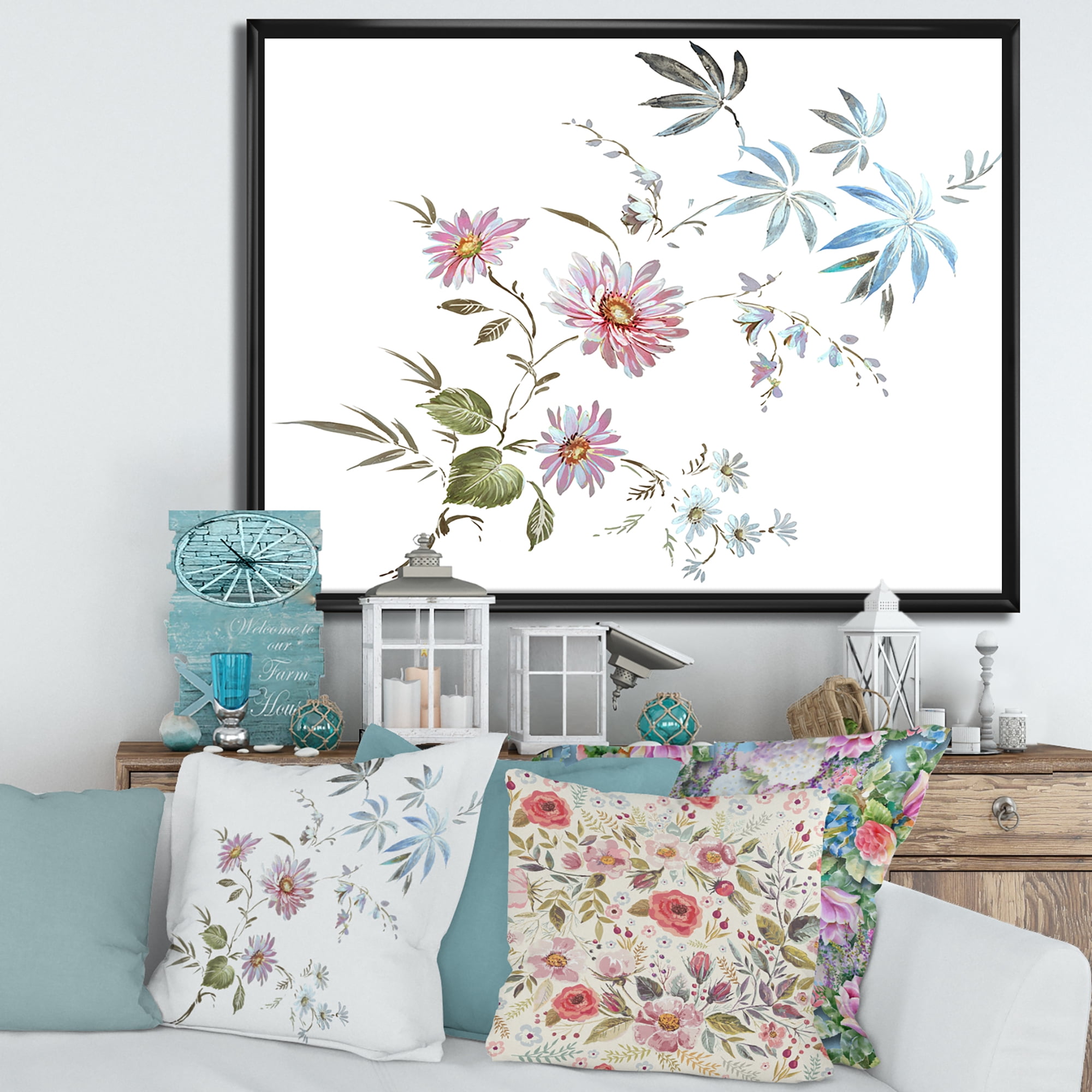 Designart 'Pink and Blue Wildflowers I' Traditional Framed Canvas Wall Art Print