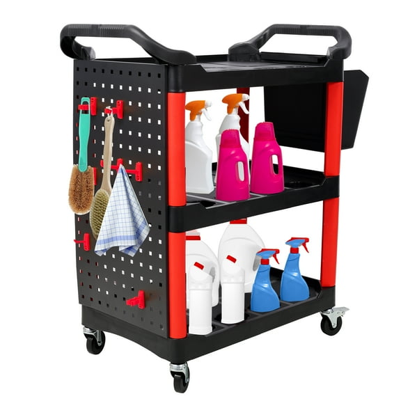 Tool Carts 3 Tier Rolling Auto Detail Cart With Wheels,With Bucket & Panel & Hook,for Detailers Garage, Workshop, Repair Shop, Storage Tool,Red&Black,Utility Tool Carts
