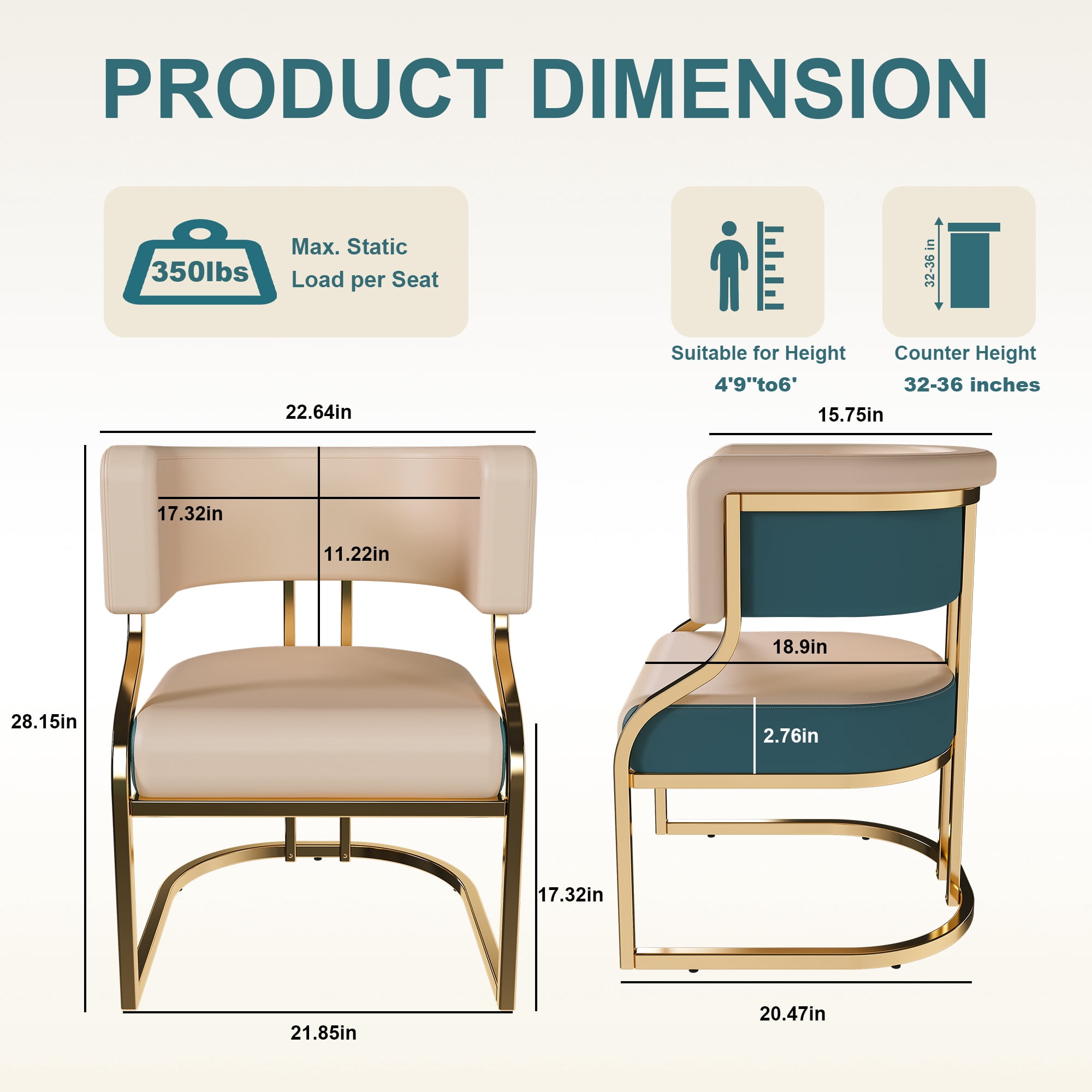 Set of 2 Modern Dining Chairs with Gold Plated Iron Frame, PU Upholstered Accent Chairs, Ergonomic Curved Back Armless for Kitchen, Dining Room, Apartment, Blue