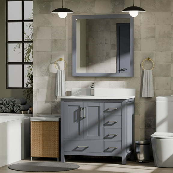 Jacques 36 in. W x 22 in. D Left Offset Dark Grey Bath Vanity and White Quartz Top