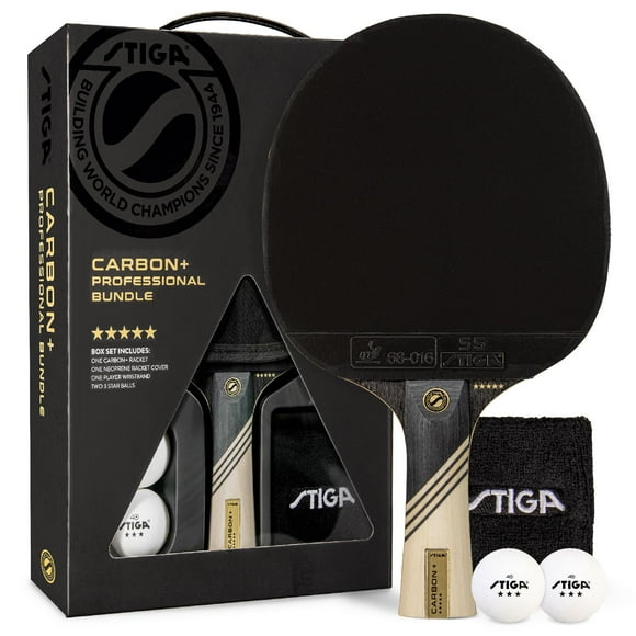 Stiga Carbon+ Bundle Ping Pong Paddle Set - 7-Ply Extra Light Carbon Fiber Blade - 2Mm Premium Sponge - Concave Pro Handle - 2 3-Star Tournament Balls - Neoprene Racket Cover - Player Wristband