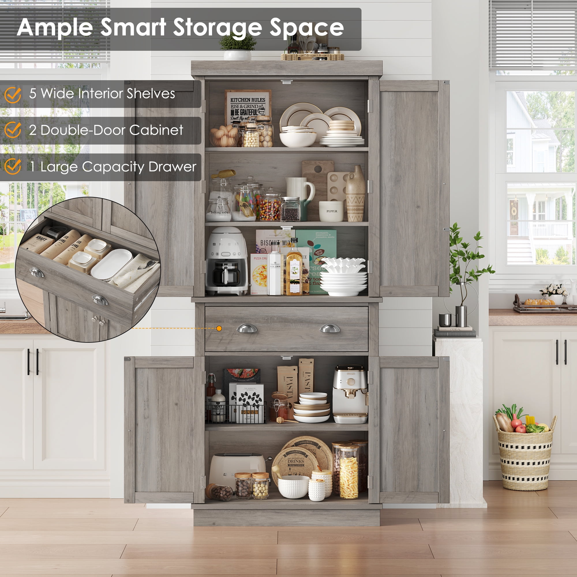 Homfa 72.4 Tall Kitchen Pantry with 4 Doors Large Drawer Storage Cabinet for Dining Room Living Room Brown Shop Black Friday Deals for 2024 Walmart Business Supplies