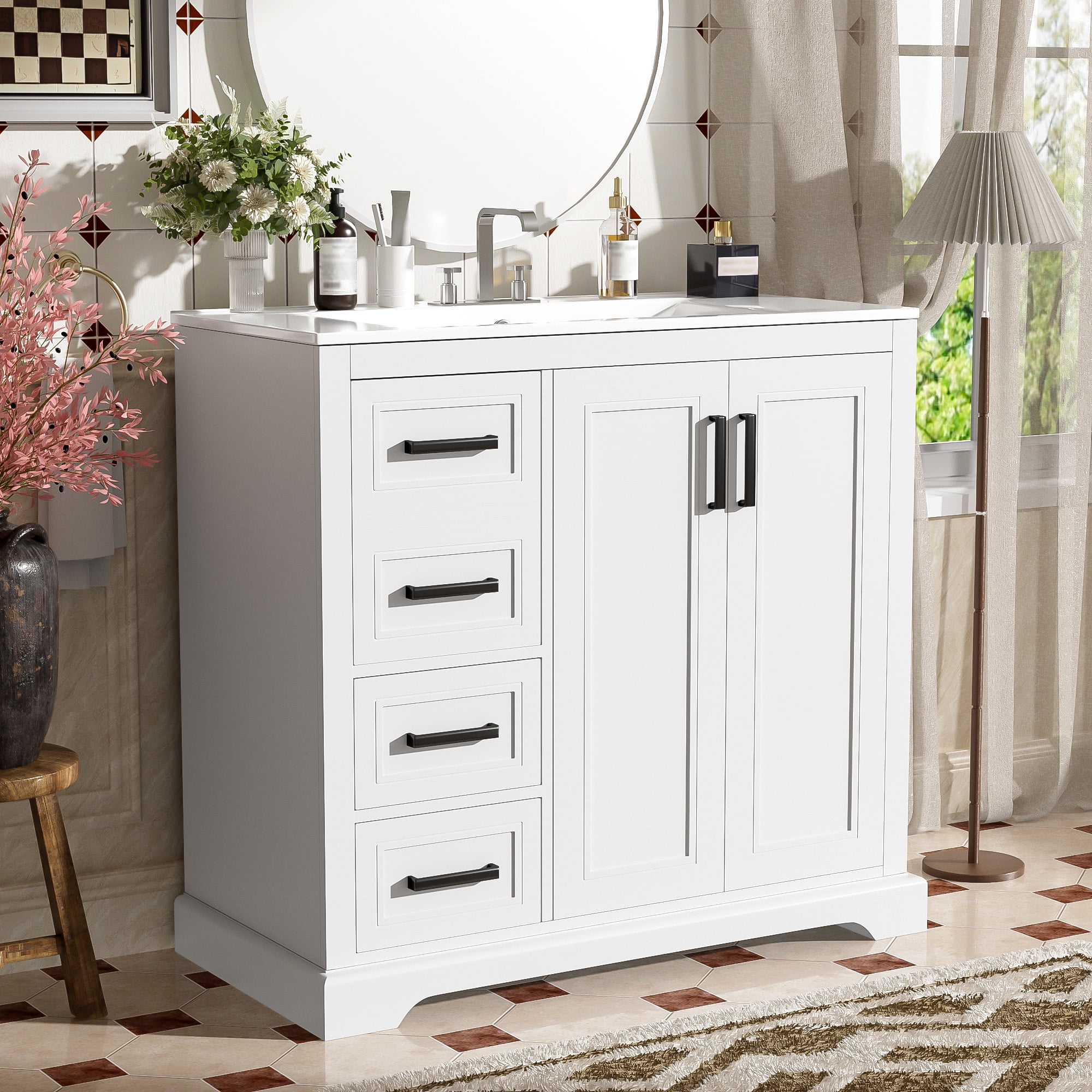 Euroco 36" Modern Bathroom Vanity with Premium Ceramic Sink, Soft-Close Doors, Zinc Alloy Handles, and Ample Storage for Organized Living