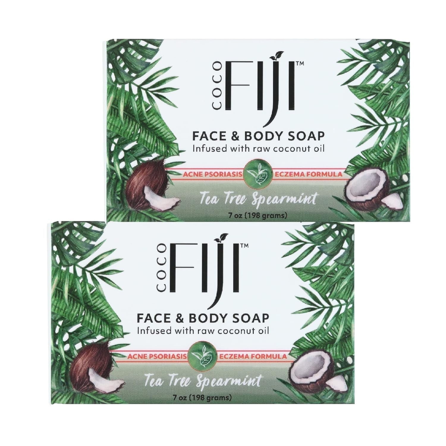 Coco Fiji Soap Bar for Face and Body Infused With Organic Coconut Oil  Tea Tree Spearmint  Essential Oil  Natural Soap for Moisturizing & Pore Purifying Skin  7 oz Pack of 2