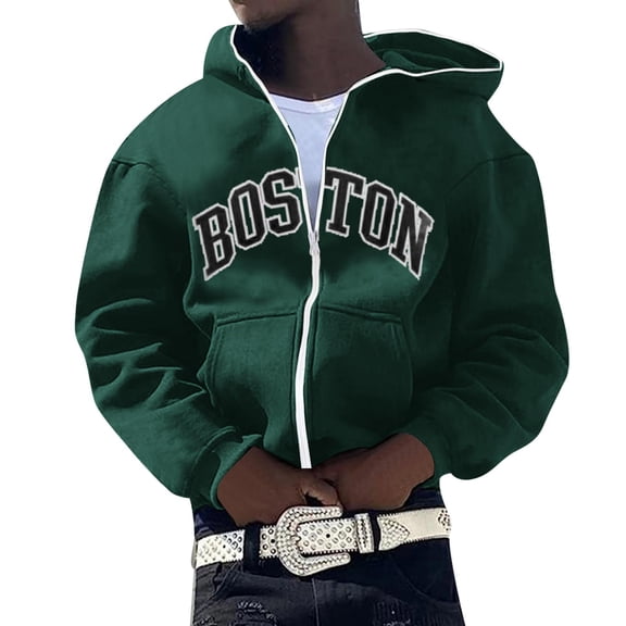 XIAOCHA Men's Boston City Print Full Zip Hoodie Oversized Long Sleeve Hooded Sweatshirt With Contrast Zipper Retro Casual Hoodies