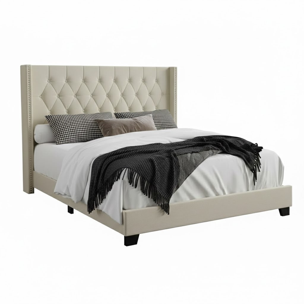 Home Design Brady Twin Tufted Wingback Upholstered Panel Bed Frame, Beige Polyester Blend