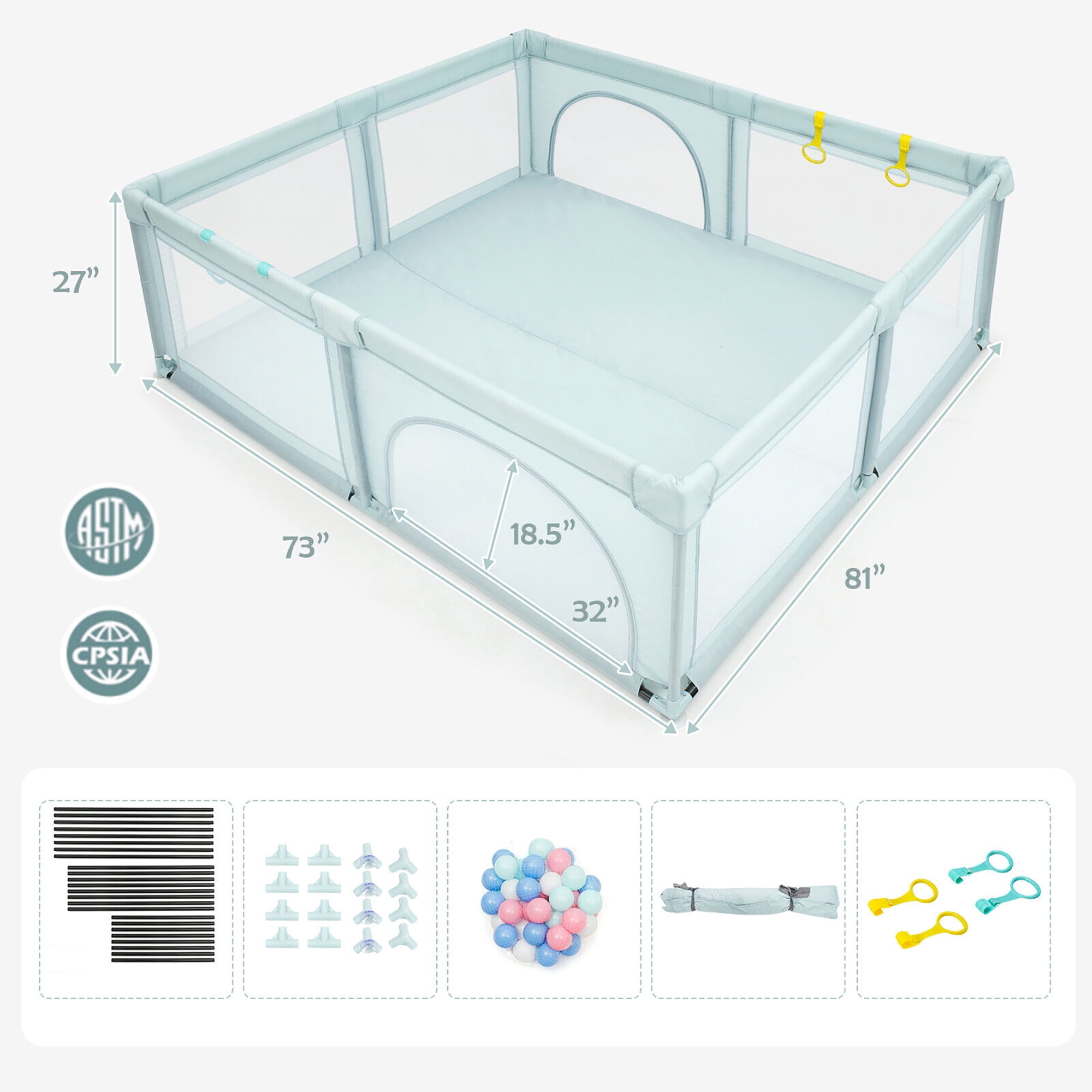 Gymax Extra Large Baby Playpen Safety Baby Play Yard w/ 50 Ocean Balls & 4 Handles Blue