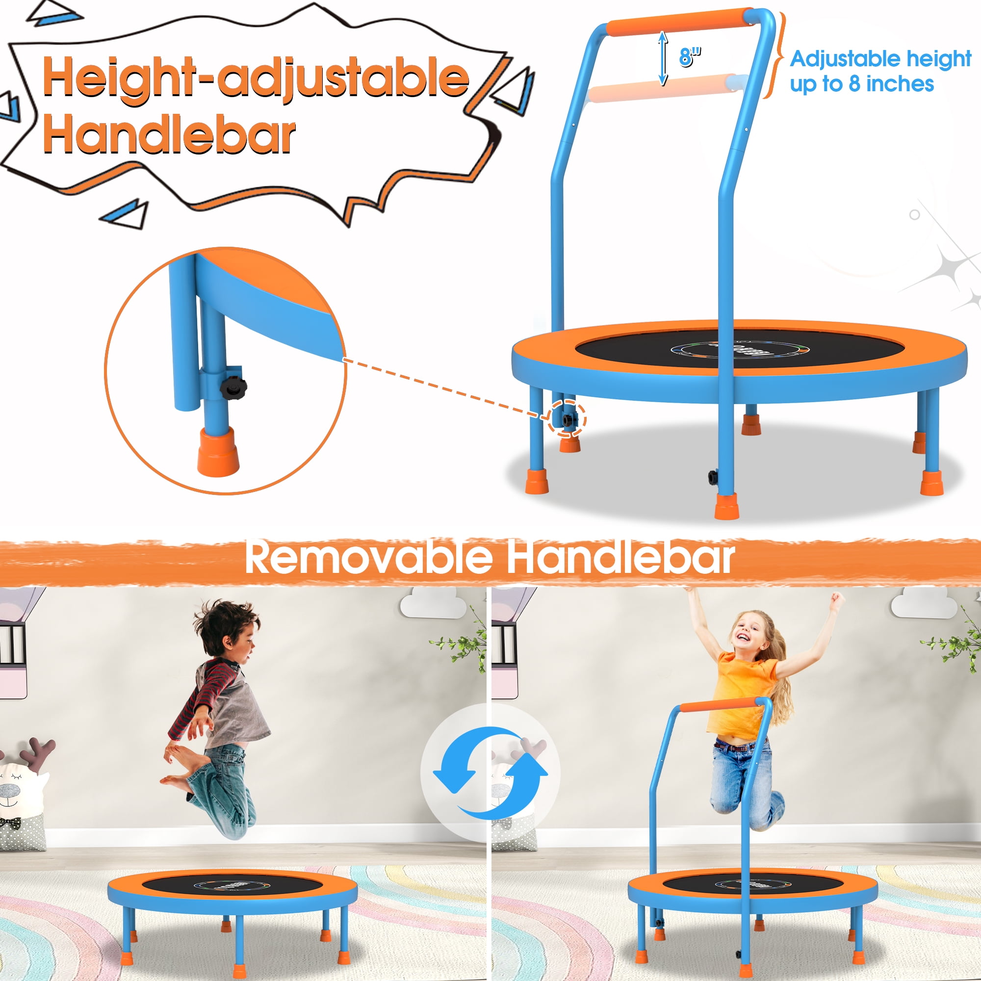 YORIN 36" Trampoline for Kids, 3FT Mini Indoor/Outdoor Foldable Toddler Trampoline with Adjustable Foam Handle, Small Rebounder Fitness Trampoline with No-Gap Padded Cover, Gift for Baby, Girls, Boys
