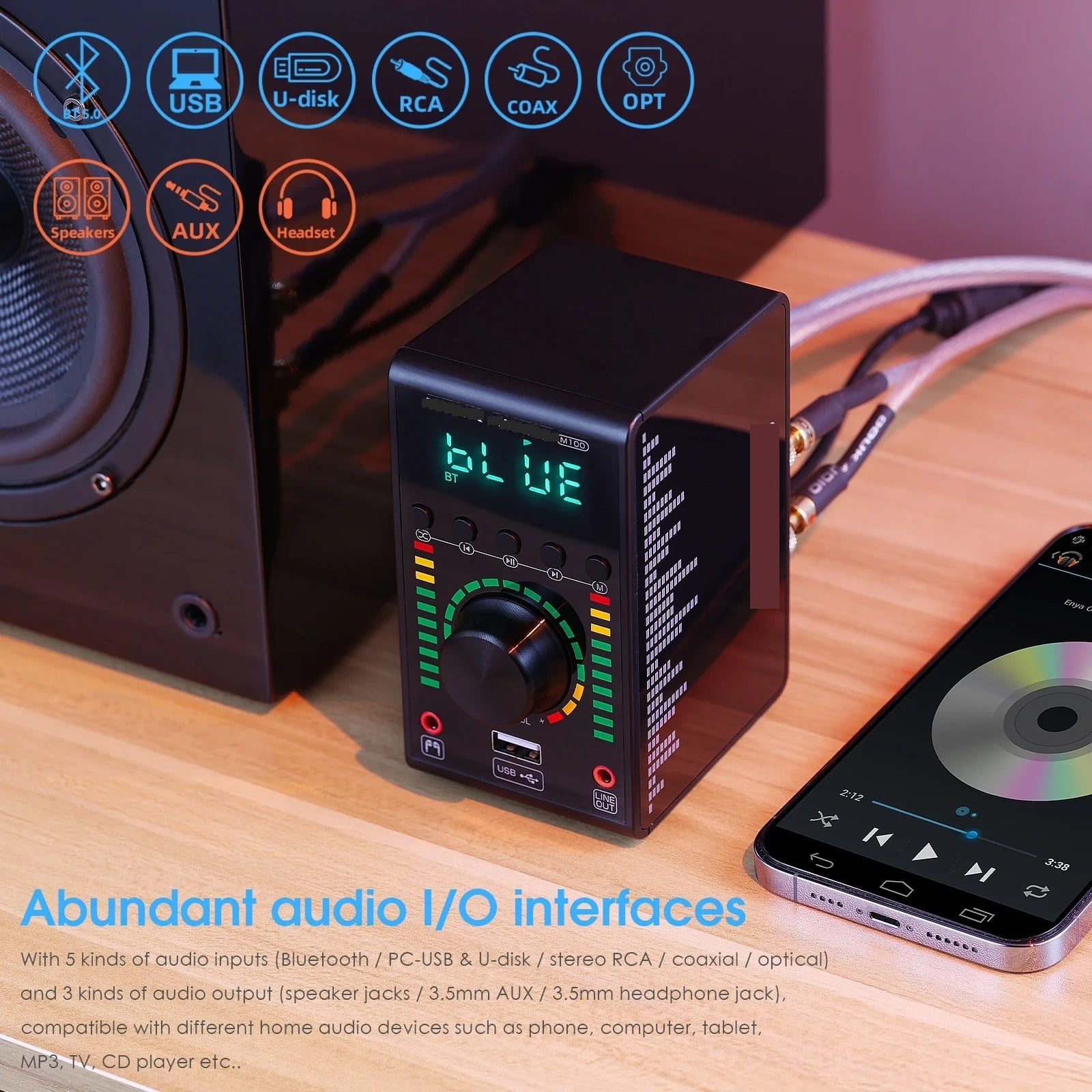 Audio Mini Digital Amplifier COAX / OPT Integrated 5.0 Amp Home/Car/Marine Audio Amp USB Player 24B/192K ,Bass & Treble Control