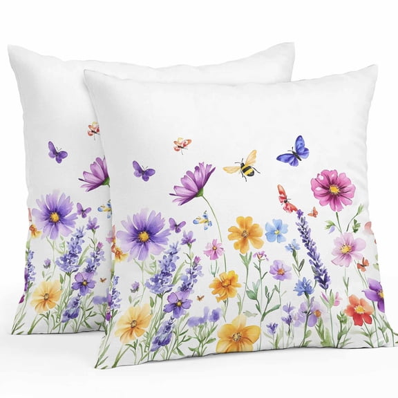 Colorful Flower Outdoor Pillow Covers Pack of 2 Wildflower Butterfly Purple Blue Pink Plant Waterproof Throw Pillow Covers Decorative Cushion Cases for Patio Garden Tent Balcony Couch 24x24 inch