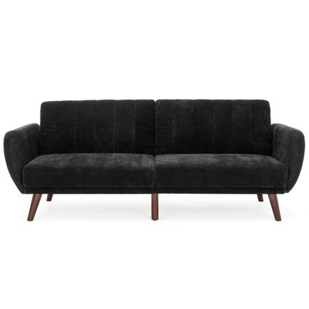 Best Choice Products Velour Fold Down Futon Sofa Bed Furniture w/ Armrests, Rib Tufted Back, Wood Frame- Black