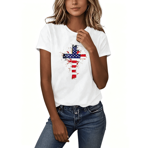 Busydd Womens Tops Independence Day T Shirts for Women Casual Short Sleeve Round Neck Summer Tops American Flag Print Patriotic Tshirts Stylish Comfortable Cotton Graphic Tees S