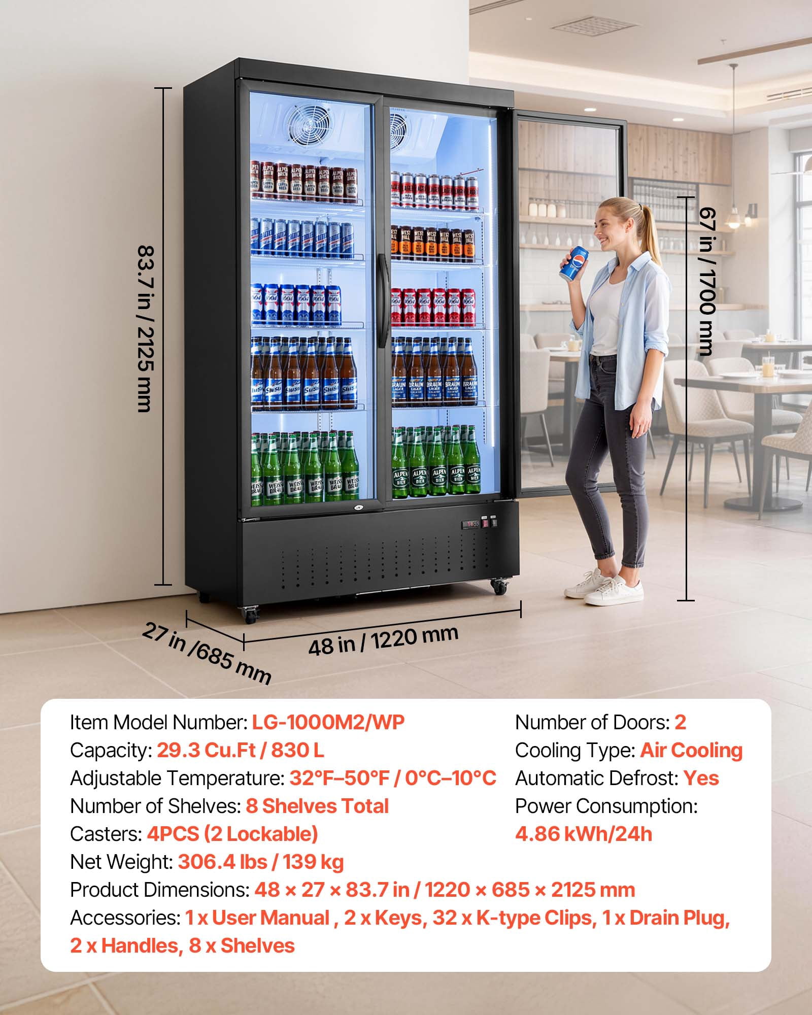 VEVOR Commercial Merchandiser Refrigerator, 29.3 Cu.Ft / 830L Upright Beverage Cooler, 2 Glass Door Display Refrigerator with 8 Adjustable Shelves,Soft LED Light & Casters for Bars Shops Supermarkets