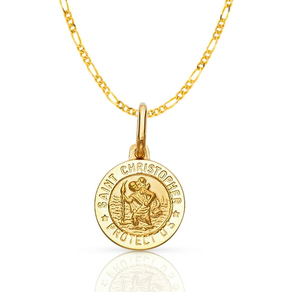 14K Yellow Gold St. Christopher Protect Us Charm Pendant with 1.9mm Figaro 3 1 Chain Necklace - 16"