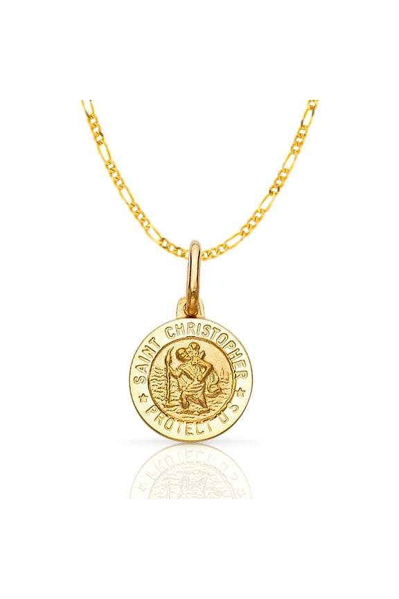14K Yellow Gold St. Christopher Protect Us Charm Pendant with 1.9mm Figaro 3+1 Chain Necklace - 20"