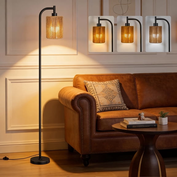 66" Rattan Floor Lamp for Living Room, Boho Standing Lamp with 3 Color Temperatures Light, Foot Switch Tall Floor Lamp for Bedroom, Office, Black