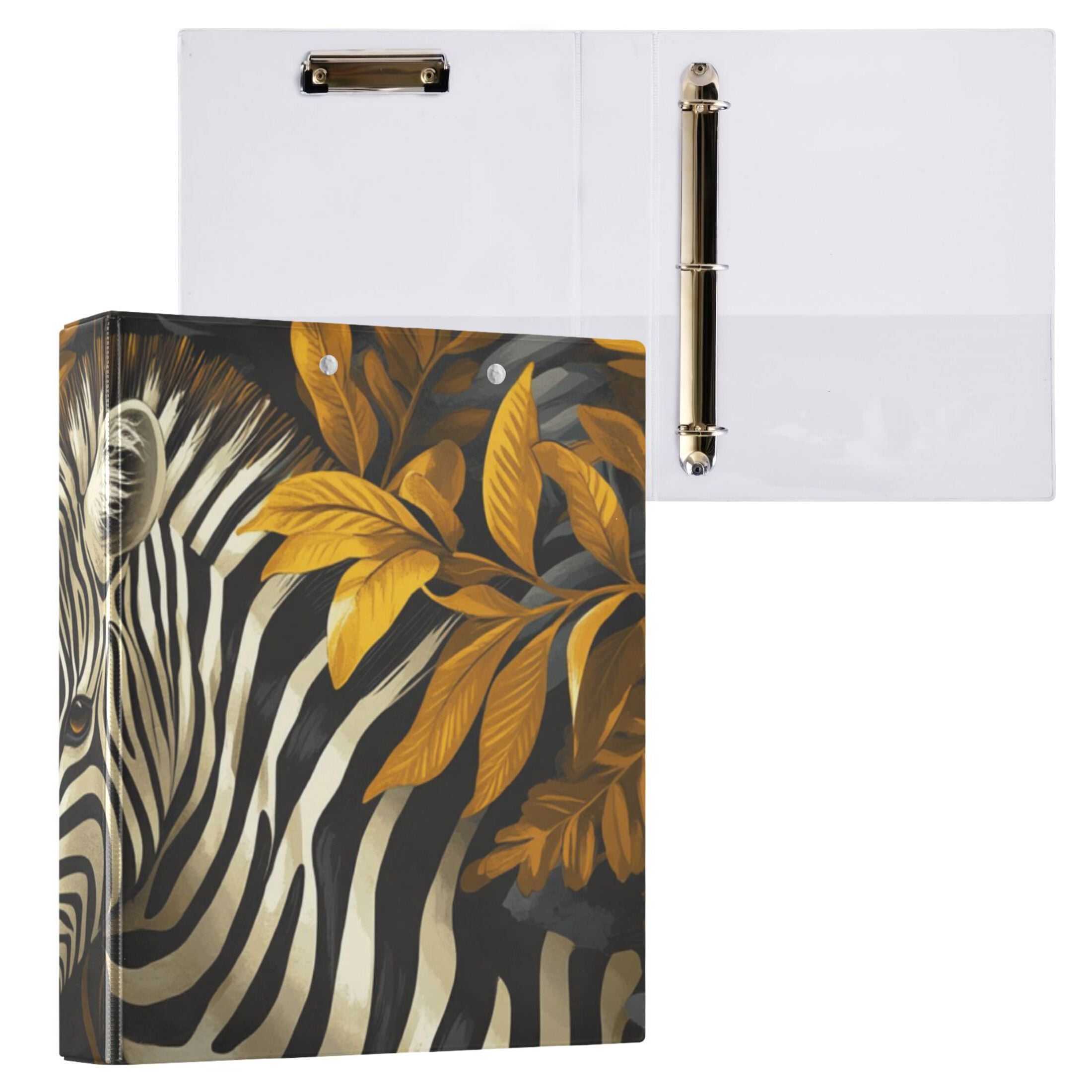 Zebras and Leaves 3 Ring Binders 1.5 inch Hardcover File Folders with Interior Pockets A4 Size Organizer for School Office Hospital