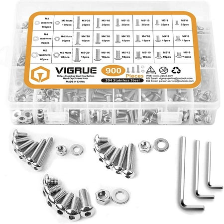 Siced 900pcs M3 M4 M5 304 Stainless Steel Hex Head Button Socket Head Cable Bolts Screws With Nuts Assortment Walmart Canada