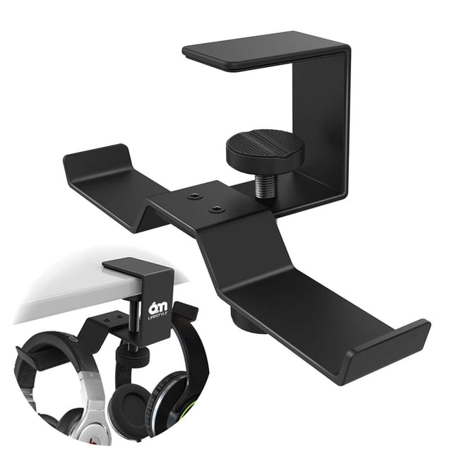 Soporte para auriculares 6AM LifeStyle para debajo del escritorio, doble cabezal, metal, negro