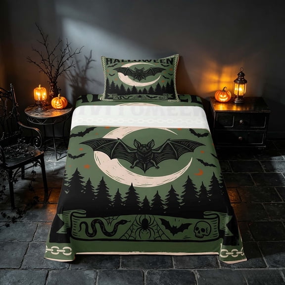 Homewish Halloween Bat Twin Sheets, Vintage Castle Bedding, Olive Green, 3-Piece (1 Flat Sheet, 1 Fitted Sheet and 1 Pillowcase)