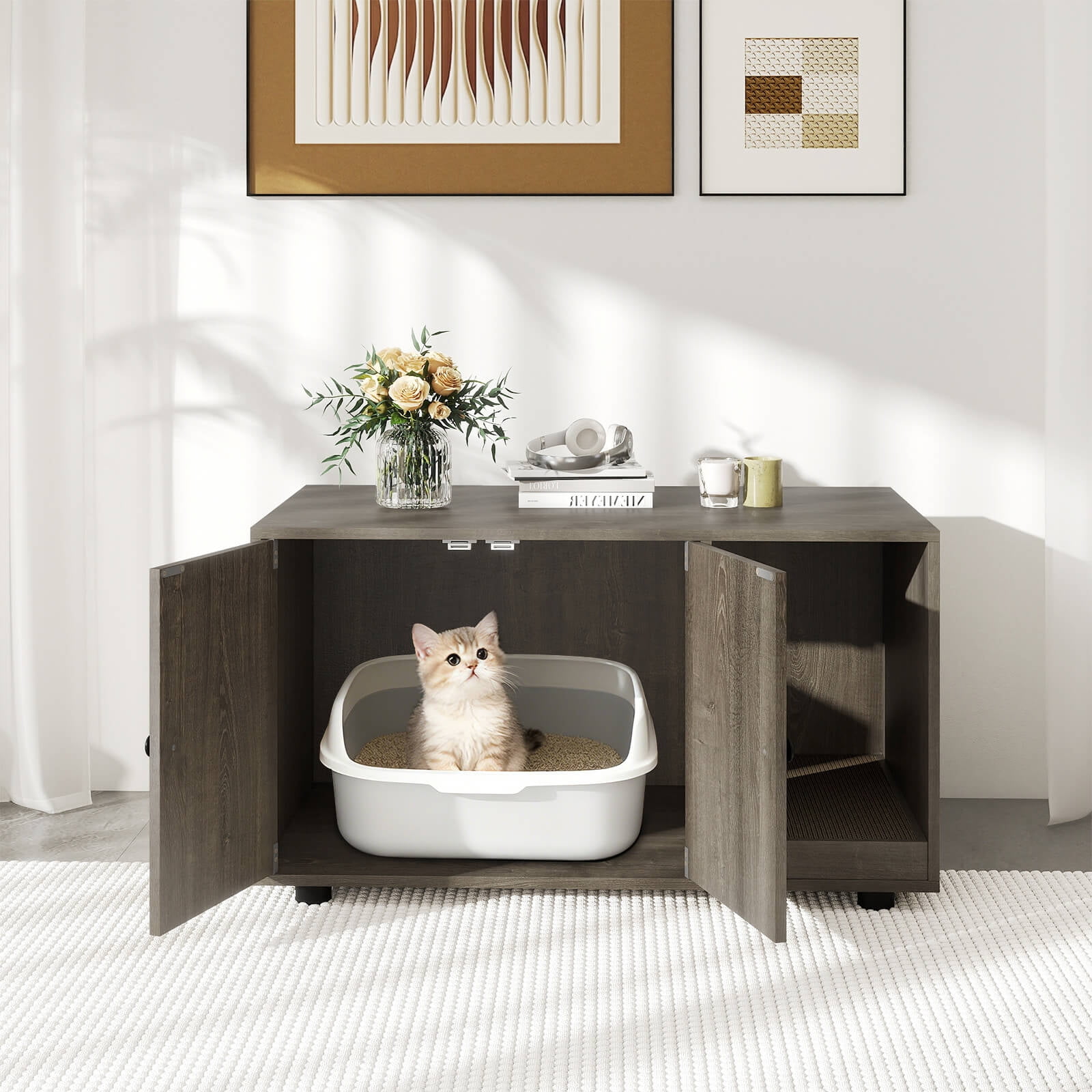 Costway Wooden Cat Litter Box Enclosure, Hidden Litter Box Furniture with Scratching Board Oak